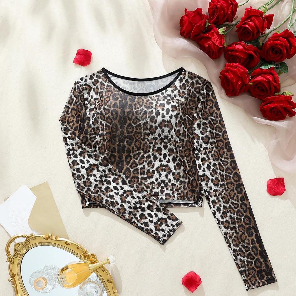 1Pc Womens Mesh Long Sleeve Tops Crew Neck Sexy Going Out See Through Shirts Party Club Night Lace Blouse Clubwear NO BRA