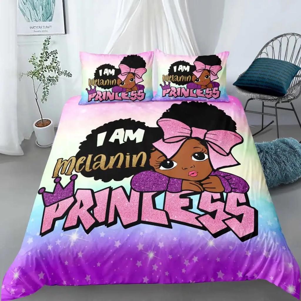 American Black Girl Duvet Cover SetBlack Girl Magic Bedding Set Full SizeCute Little Afro Black Princess Comforter Cover Sets