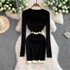 Spring Autumn Women V-neck Full Sleeve Knitted Sweater Mini Short Sheath Pullover Dresses
