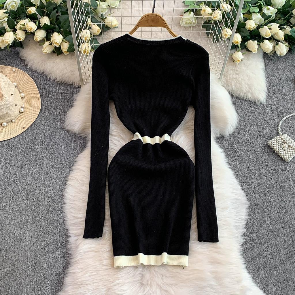 Spring Autumn Women V-neck Full Sleeve Knitted Sweater Mini Short Sheath Pullover Dresses