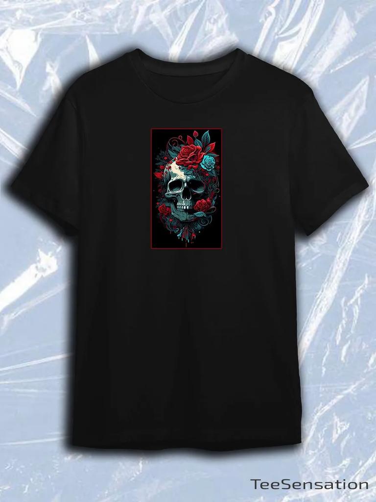 TeeSensation Black Crew Neck Short Sleeve T-Shirt with Skull Red Blue Roses Tattoo Art Print