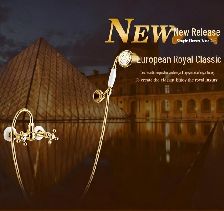 Gold-Plated Retro European Shower Set: Dual Handle Bathtub Faucet with Hot and Cold Mixer