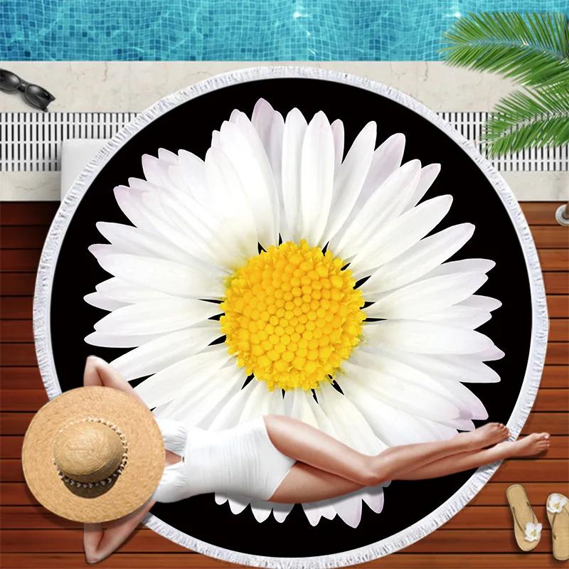 Serviette de plage Marguerites Pompons Ronde Séchage Rapide Extérieur Été Couverture de Mer Tournesol Plante Kawaii Tapis de Plage Tapis de Yoga Pique-nique