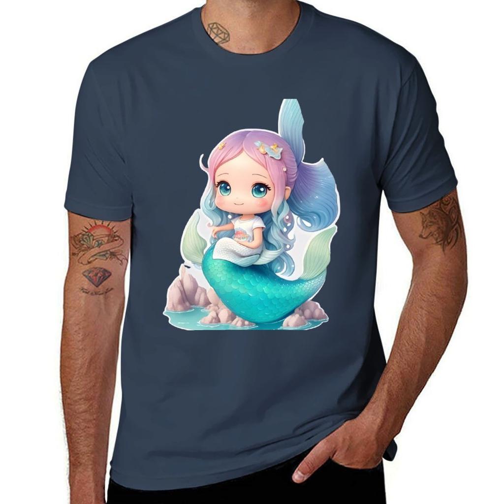 Playful Isometric Mermaid By The Sea Tshirt Work Wear Short Sleeve Tshirt
