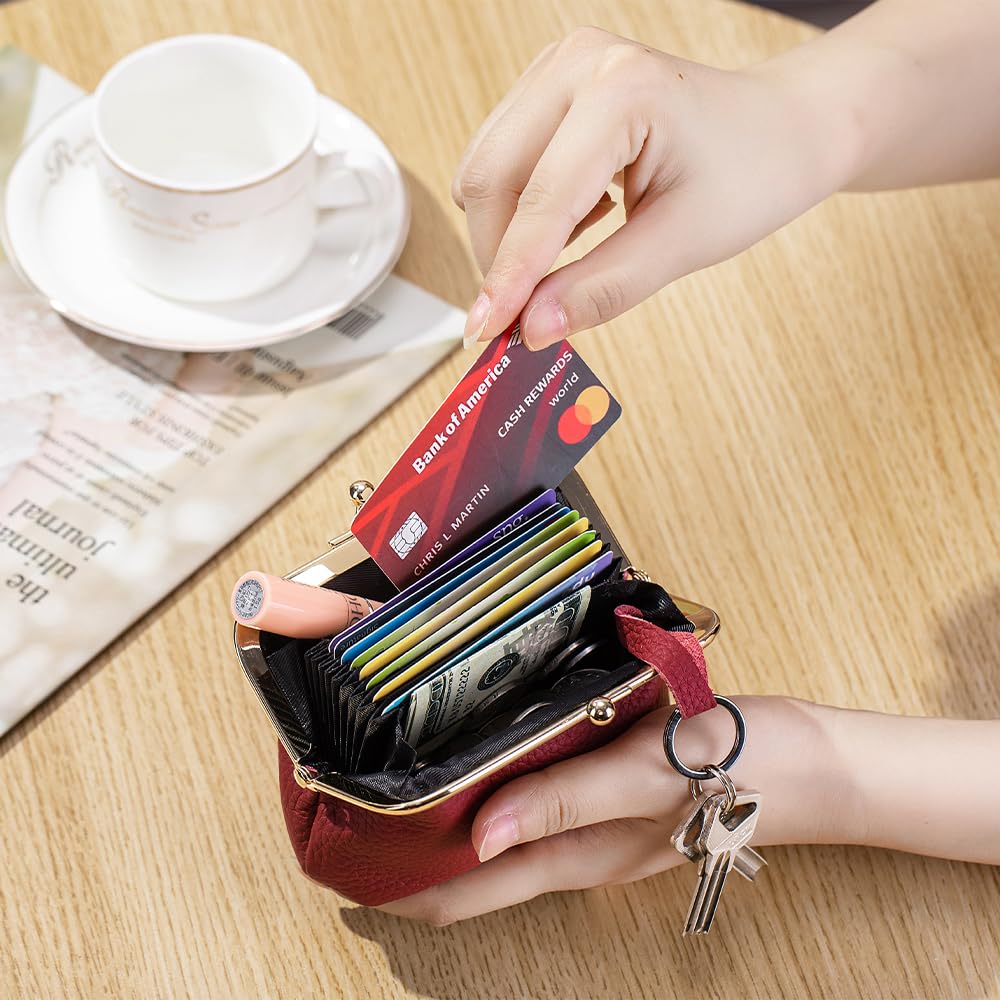 Yocipa Genuine Leather Mini Wallet for Women with Coin Purse and Key Ring, Multifunctional Coin Case, Lightweight Leather Card Case with Key Holder,