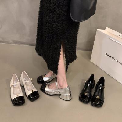 French Medium High Heel Silver Mary Jane Small Leather Shoes Women'S Shoes Spring Black Small Fragrant Small Leather Shoes