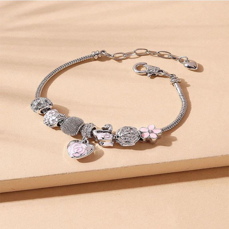 

Handmade Beaded Heart Petal Bracelet Enamel Alloy Swan Charm Floral Jewelry Gift for Her