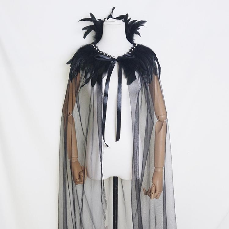 Breathable Mesh Feather Cloak Long Design Halloween Accessory Role Play Party For Fantasy Cosplay Costume Event