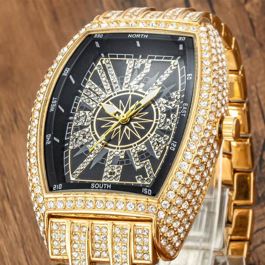 Luxury Mens Watches Fashion Hip Hop Iced Diamond Waterproof Tonneau AAA Quartz Wristwatch Male