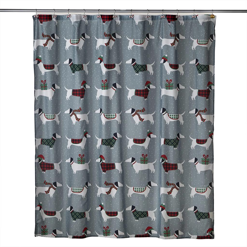 Dachshund Cartoon Dog Shower Curtain Polyester Waterproof Curtain Geometric Striped Kids Bath Curtain Home Decor with 12 Hooks