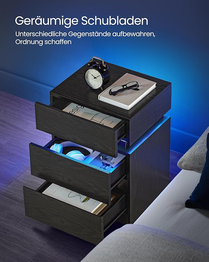 Vasagle LET630T56 Bedside Table with LED Lighting, Side Table, Bedside Cabinet, Sofa Table, Adjustable Colours, 3 Drawers, Bedroom, Modern
