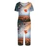 Women's Casual 2 Piece Fall Leaf Print Tracksuit Set with Short Sleeve Top and Pants