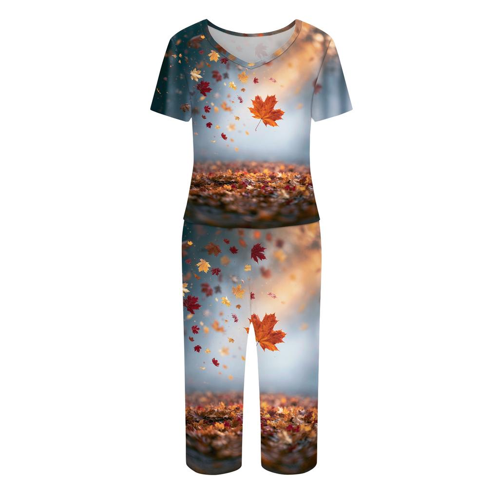 Women's Casual 2 Piece Fall Leaf Print Tracksuit Set with Short Sleeve Top and Pants