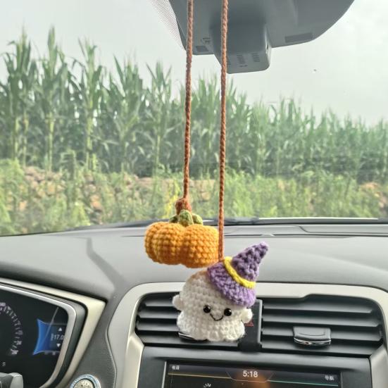 Halloween Crochet Pumpkin And Ghost Car Pendant Handmade Mini Knitted Ghost Pumpkin Hanging Ornament for Car Rear View Mirror Interior Accessories