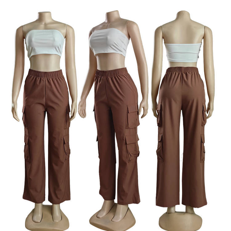 

High-Waisted Wide-Leg Cargo Pants with Multi-Pocket Design In Black Grey Brown S