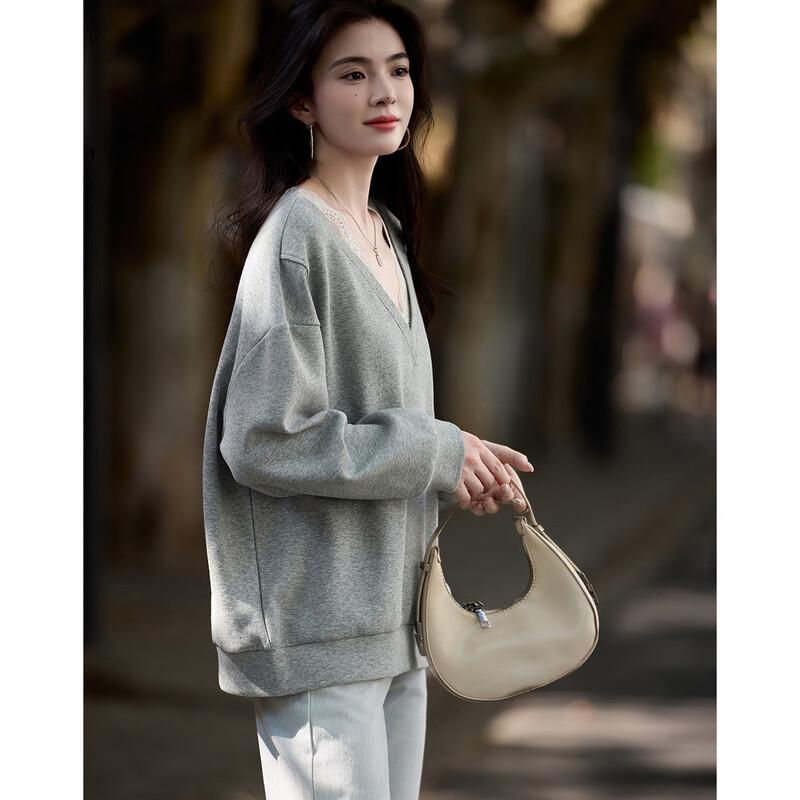 Petite Women's Korean Style Lace Patchwork V-Neck Drop Shoulder Sweatshirt