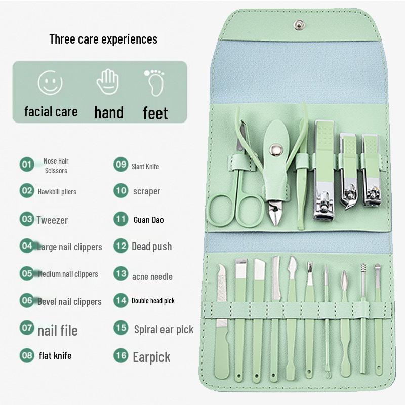 Green 16-Piece Nail Clipper & Manicure Set: Colorful, Practical Grooming Essentials & Gift