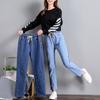 נשים ג'ינס עם מותניים גבוהים ישר מזדמנים מכנסיים קשירה מותניים אלסטיות רטרו כחול בתוספת גודל בגדי רחוב רחבים