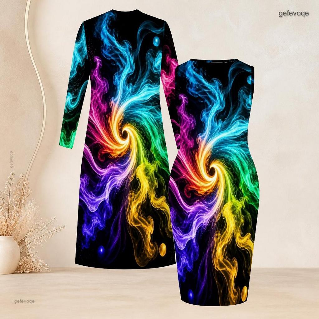 Women Plus Size Two Piece Set Long Sleeve Long Open Front Cardigan Sleeveless Printed Bodycon Dress