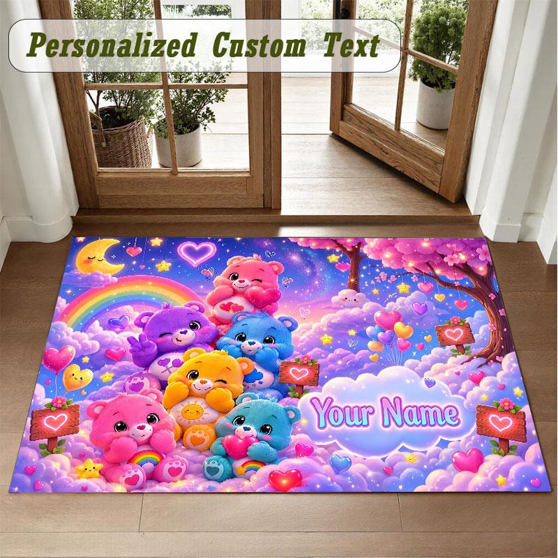 Crystal Velvet Square Rug Custom NameCare Bears Pattern Non Slip Home Floor Decor Rug