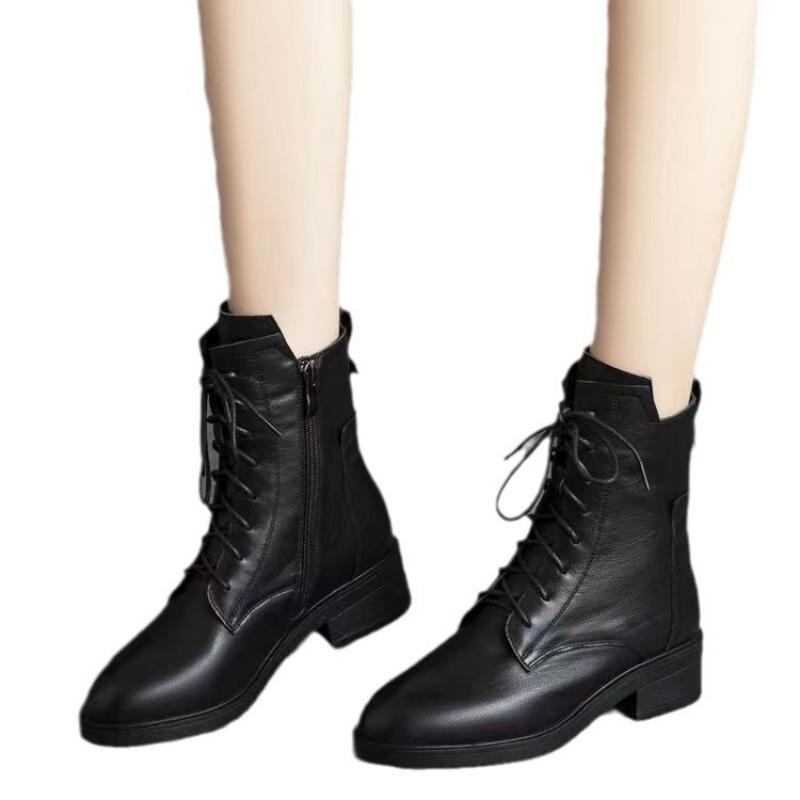 New Versatile Soft Leather Boots, Women's Shoes, Mid-heel Fleece Boots and Ankle Boots