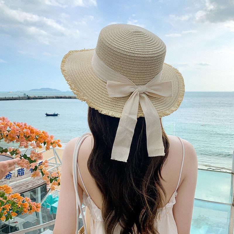 Flat top straw hat British retro top hat Shade sunscreen beach hat Travel seaside women's French woven sun hat