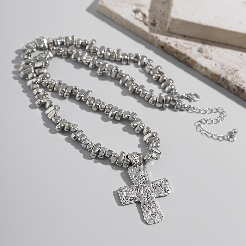 Y2K Hiphop Irregular Block Bead Necklace for Men Women Vintage Irregular Texture Cross Pendant Necklace Men's Jewelry Gift