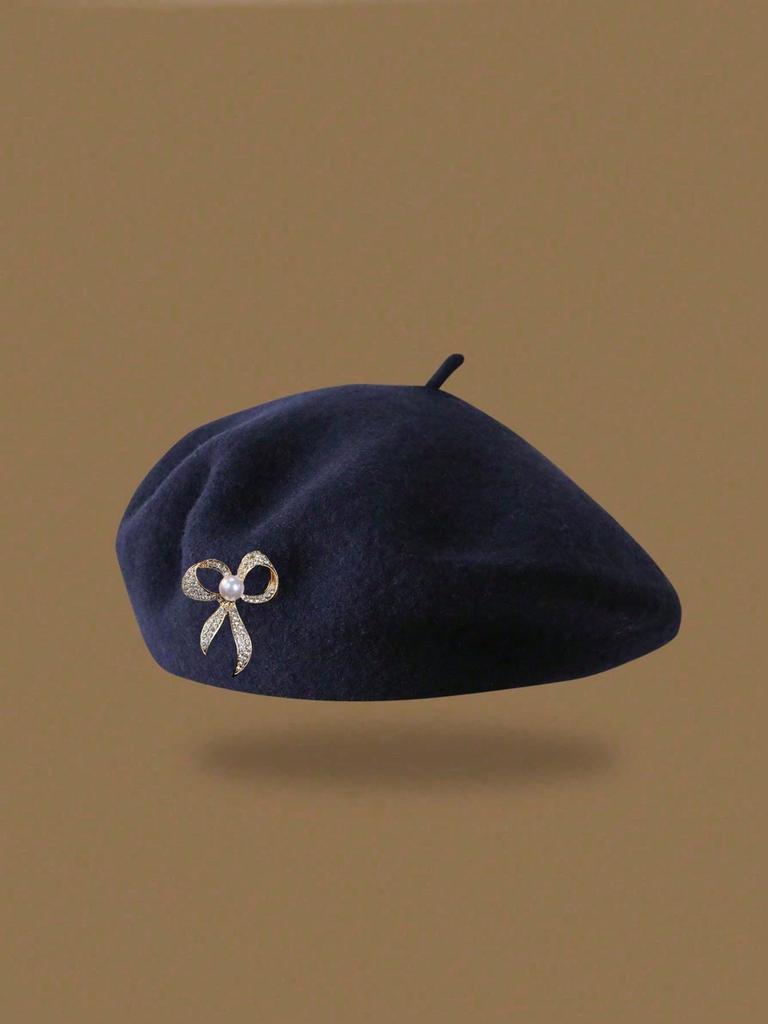Berretto Stile Francese Donna Fiocco di Perle Cappello di Lana Monocolore