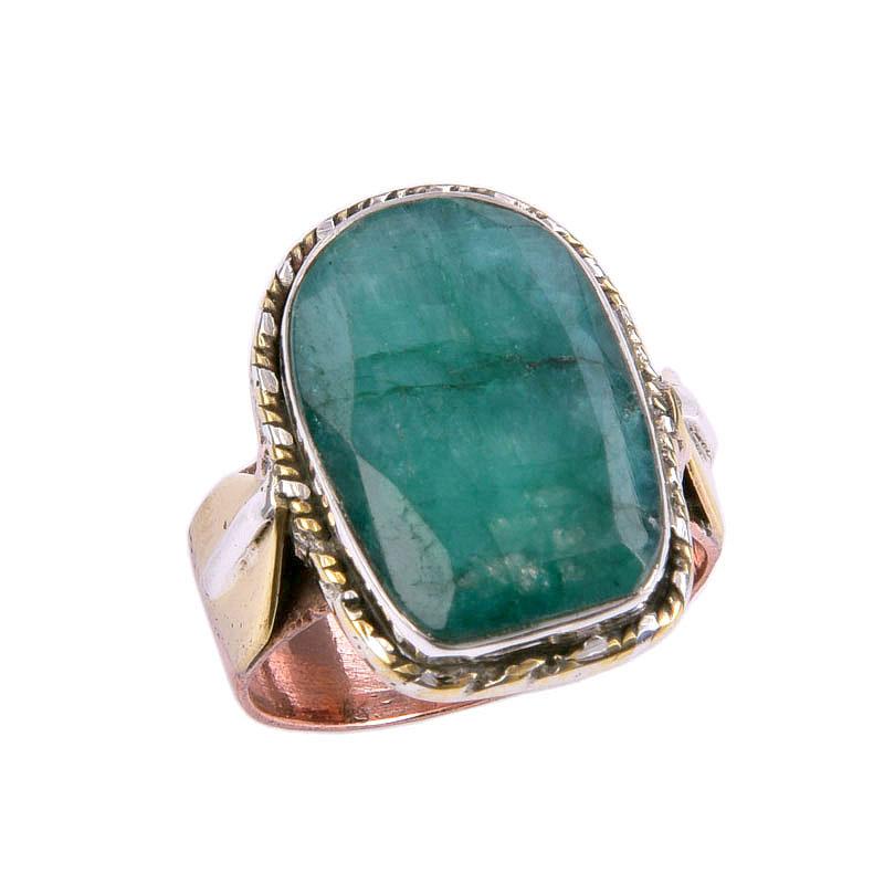 Emerald(Simulated) Handmade 925 Sterling Silver Jewelry Two Tone Ring S.6 E1i32