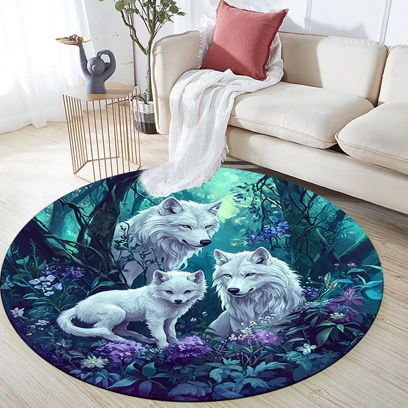 Wolf Family Round Area Rug,Carpet Rug for Living Room Bedroom Sofa Playroom Decor,Non-slip Floor Mat