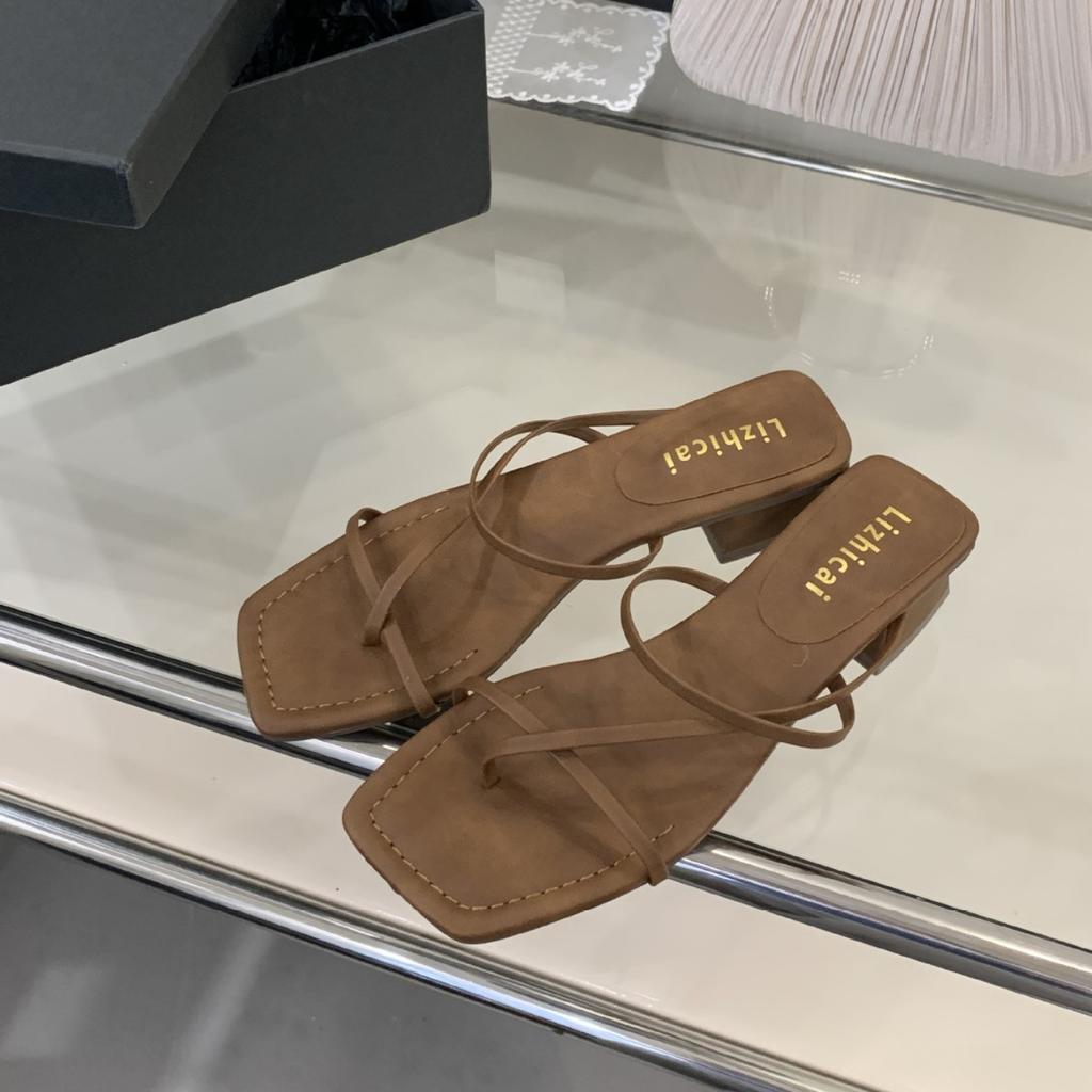 2025 Summer New Thick Heel French Square Toe Cool Slippers Women's Shoes Outside