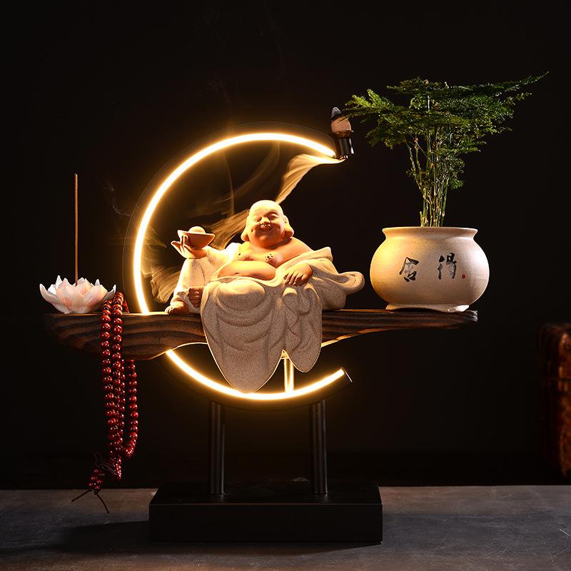 Wealth-attracting Maitreya Buddha figurehead Ceramic Smiling Buddha creative lighting new Chinese-style Zen-style living room en