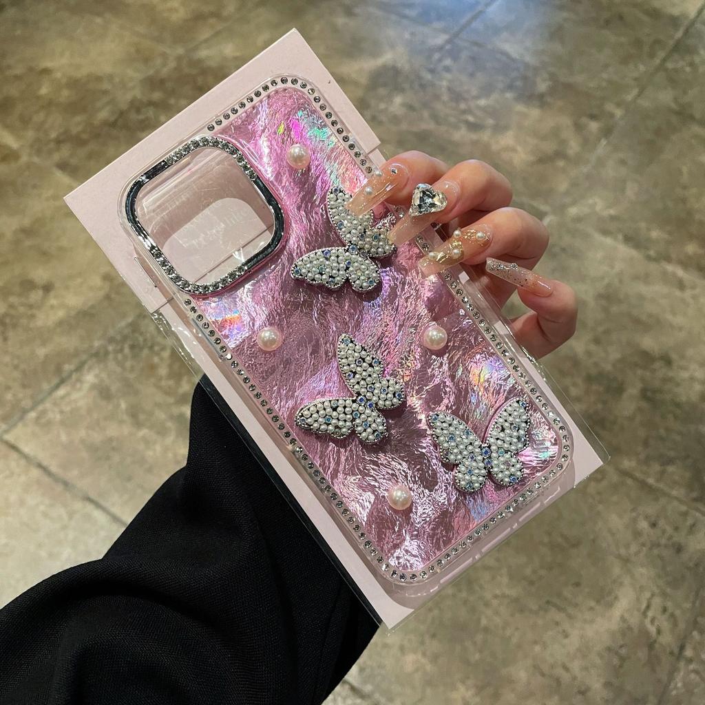 Applicable To Apple 16proMax Pearl Butterfly Laser Mobile Phone Case Diamond IPhone 15 Shell Pattern 14 Anti Fall Case