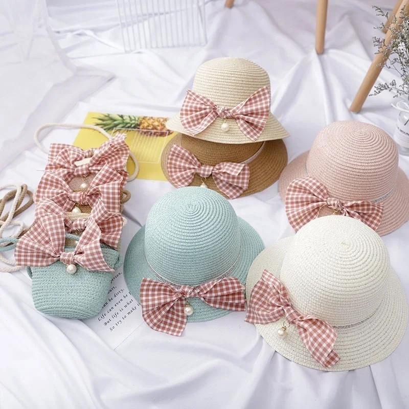 Women Creative Gifts Summer Straw Hat Korean Version Big Bow Sun Hat Outdoor Outing Sunscreen Beach Hat Girl Baby Cool Hats