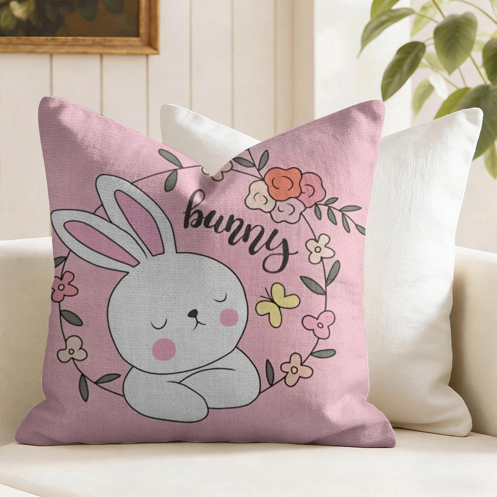 Cute Bunny Easter Cushion Cover Natural Linen Organic Fabric Double-Sided Printing Sofa Home Decor Gift Pillow Cover
