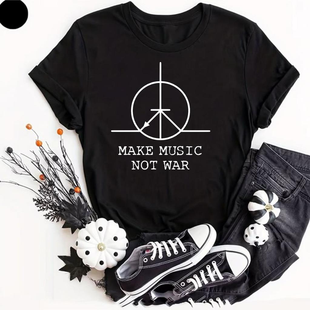 T-Shirt Amante della Musica Fai Musica Non Guerra Segno della Pace Batterista Camicia Anti Guerra Unisex