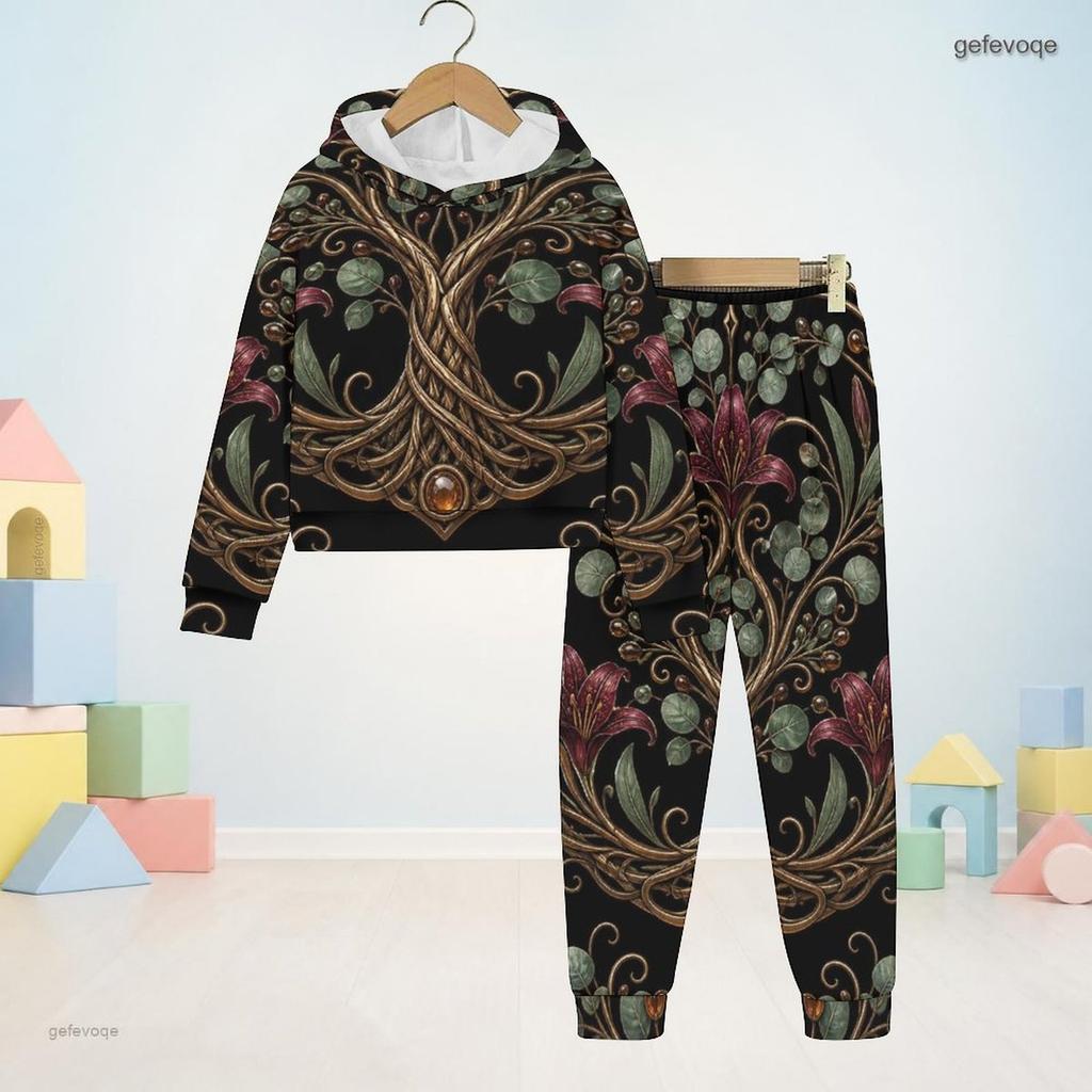 Kids Boys Girls Black Printed Tree Floral Hooded Long Sleeve Sweatshirt Cuffed Pants Two Piece Set