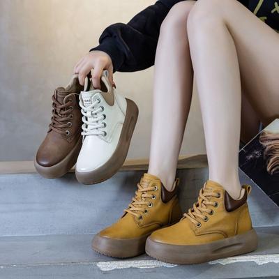 Genuine Leather Short Boots Casual Retro Thick Bottom High Top Shoes