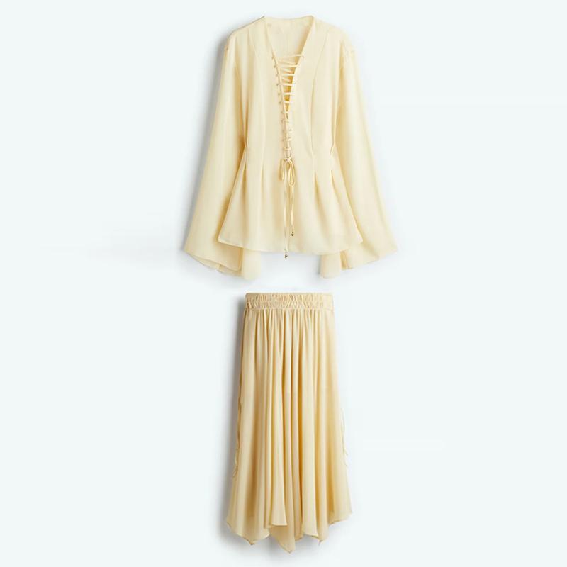 

Элегантный шифон желтый рубашка юбка комплекты женские оборки V-образный вырез шнуровка расклешенные рукава блузка длинная плиссированная юбка новые женские наряды L
