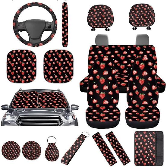 

16 шт. Чехлы на сиденья с клубникой Полный комплект Черный Автомобильный солнцезащитный козырек на лобовое стекло Автомобильная оплетка на руль Подушка подлокотника Защита подголовника Накладка на ремень безопасности земляничный