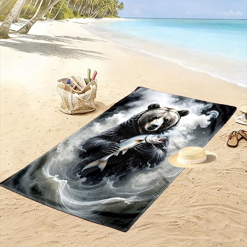 Majestic Bear Catches Fish Print Beach Towel, Quick Drying, Suitable for Travel, Outdoor Sports, Jogging, the Beach and Swimming, Gift