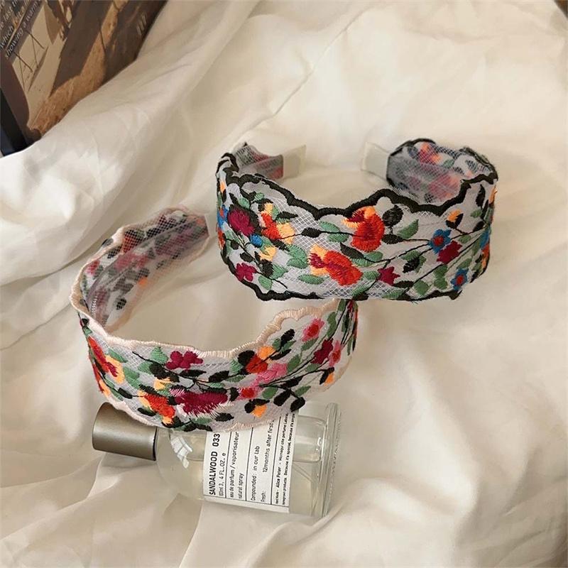 Vintage květinová vyšívaná čelenka, široká vlasová gumička s krajkovou ozdobou pro ženy