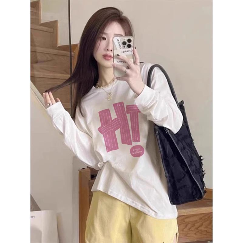 

Футболка с длинным рукавом из хлопка в стиле Гонконга Chic - универсальный женский осенний топ M