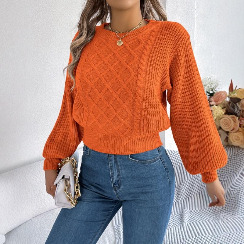 Women European American Style Solid Color Twisted Lantern Long Sleeve Waisted Pullover Sweater
