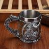Valhalla Viking Stainless Steel Nordic Viking Barrel Dragon Boat Warrior Horn Skull Beer Mug Tankard Stein Cup 400 ML