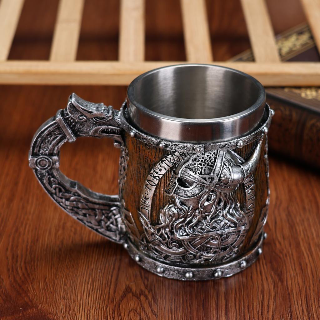 Valhalla Viking Stainless Steel Nordic Viking Barrel Dragon Boat Warrior Horn Skull Beer Mug Tankard Stein Cup 400 ML