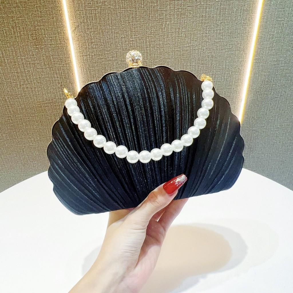 Shell Evening Clutch Bag For Women With Pearl Embellishments And Silk Material For Formal Events