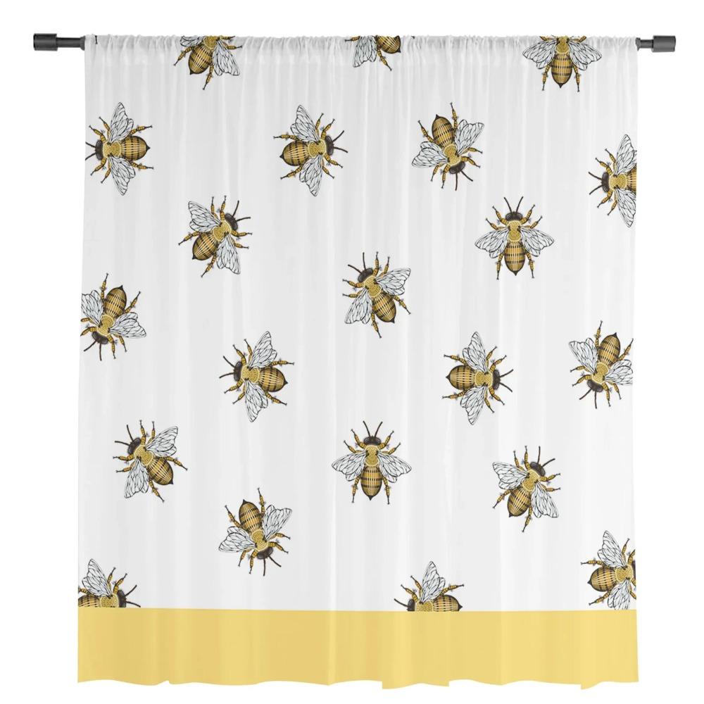 Bee Insect Golden Yellow Transparent Drapes for Bed Chamber Living Room Ornamentation Window Panel Curtain for Cooking Area Tulle Sheer Fabric