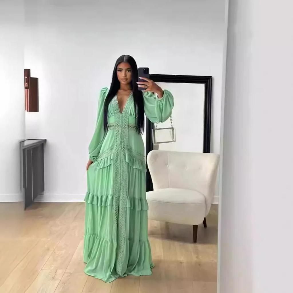 LYRIA Women Elegant Layered Ruffles Patchwork Long Dress Chic V Neck Puff Full Sleeves Split Maxi Dresses Fashion Lady Party Robes