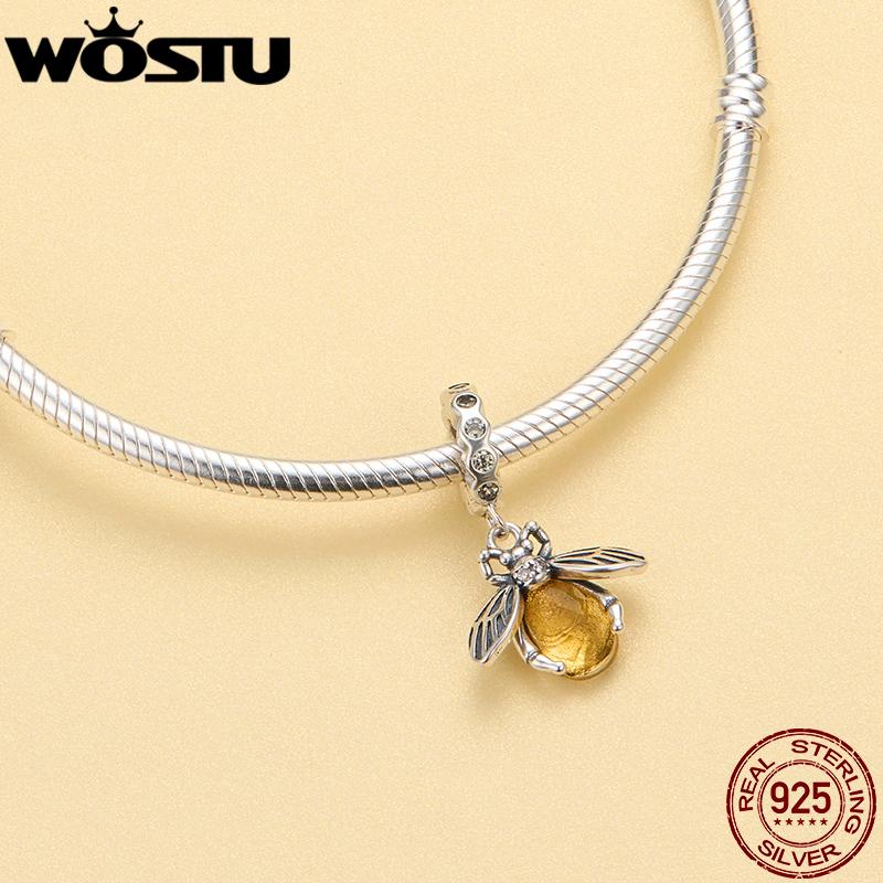 WOSTU 925 Silver Animal Cat Charm Pendant Heart Family Ladybug Bee Beads Fit Original Bracelet DIY Jewelry For Women